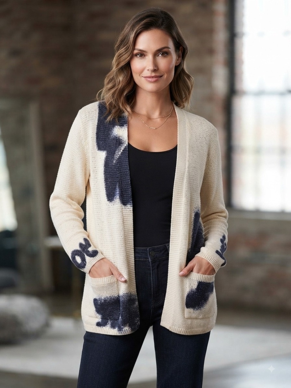 Rabe 1920 Abstract Intarsia Open-Front Cream Cardigan Size Med